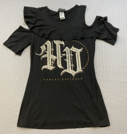 NEW HARLEY DAVIDSON HT4649BLK XS WOMENS COLD SHOULDER SCOOP NECK TEE RHINESTONES
