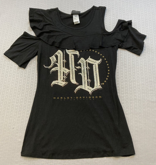 NEW HARLEY DAVIDSON HT4649BLK XS WOMENS COLD SHOULDER SCOOP NECK TEE RHINESTONES