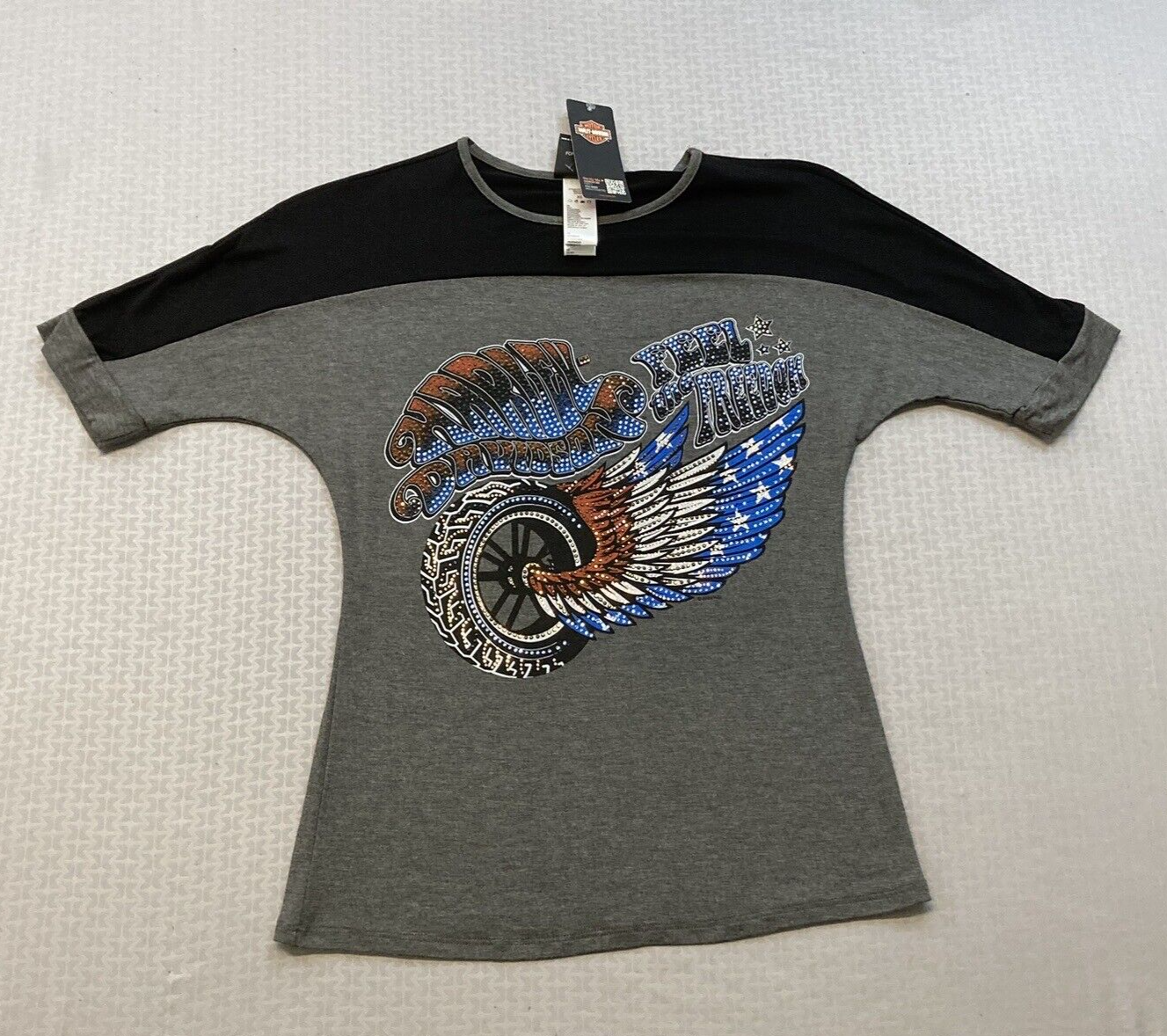 NEW HARLEY DAVIDSON HT4645GRY XSMALL Women's Over the Top Bling Retro S/S TEE