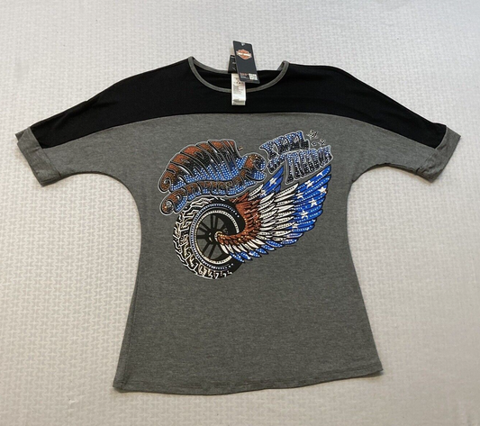 NEW HARLEY DAVIDSON HT4645GRY XSMALL Women's Over the Top Bling Retro S/S TEE