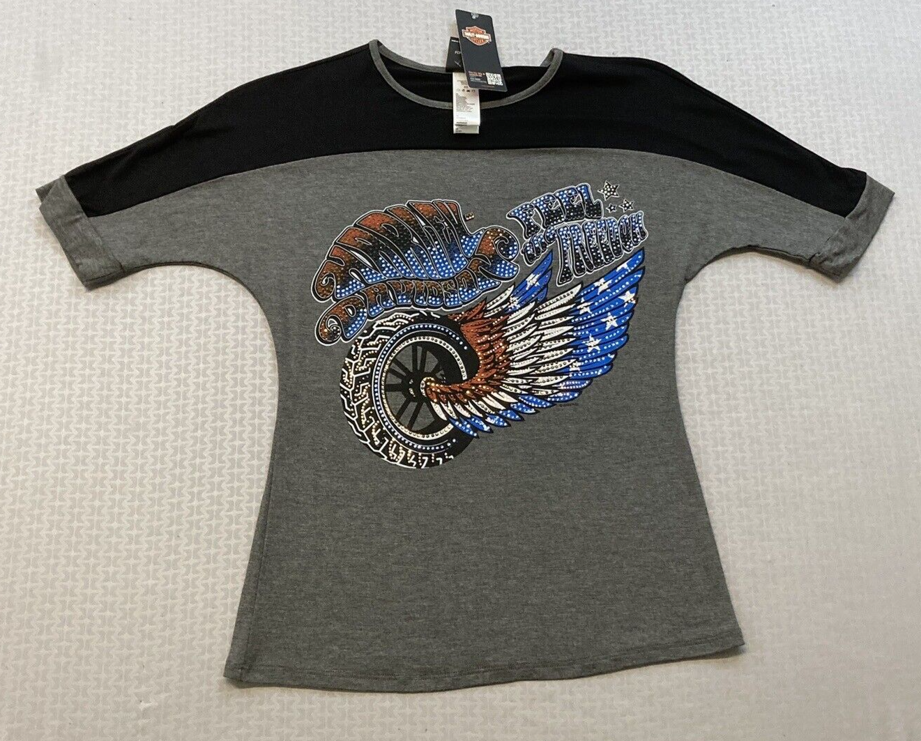 NEW HARLEY DAVIDSON HT4645GRY SMALL Women's Over the Top Bling Retro S/S TEE