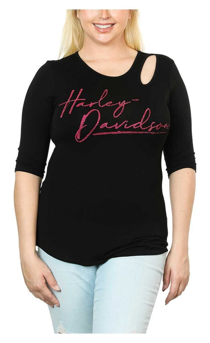 NEW HARLEY DAVIDSON HT4647BLK XS Womens Embellished Vice Keyhole 3/4 Sleeve