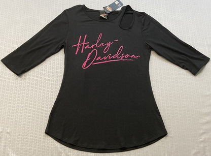 NEW HARLEY DAVIDSON HT4647BLK S Women's Embellished Script Keyhole 3/4 Sleeve