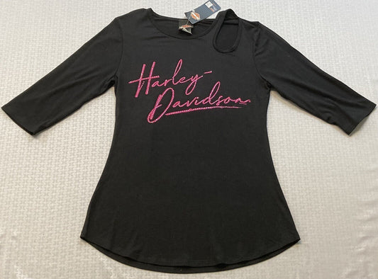 NEW HARLEY DAVIDSON HT4647BLK S Women's Embellished Script Keyhole 3/4 Sleeve