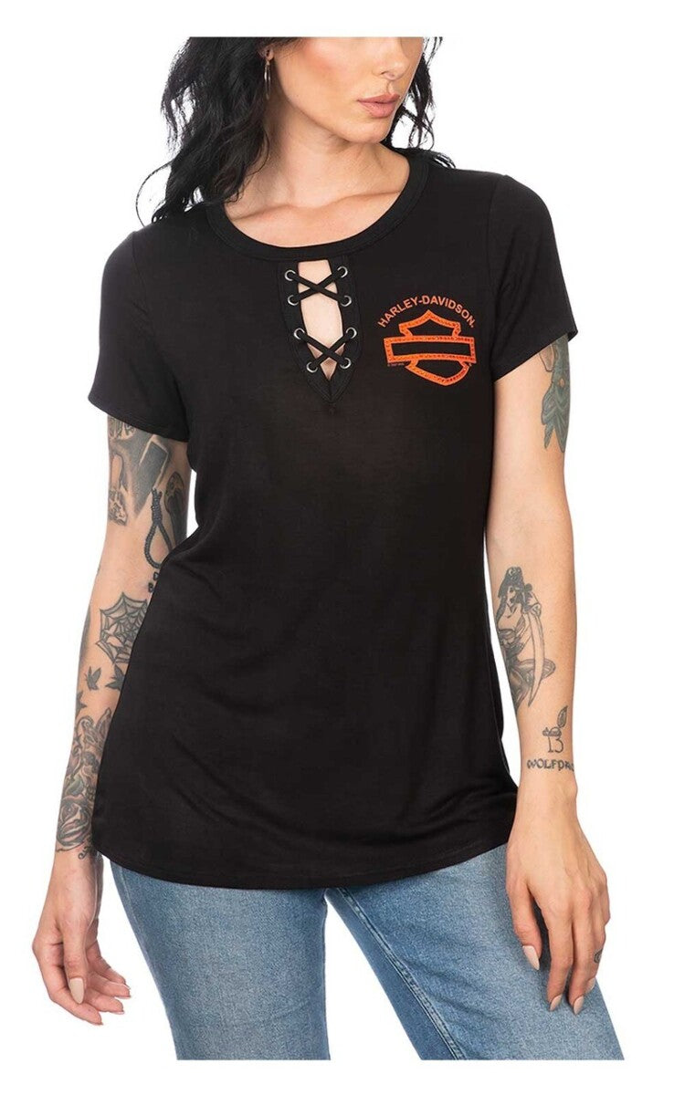NEW HARLEY DAVIDSON HT4626BLK XS Women's Embellished Short Sleeve Crew-Neck