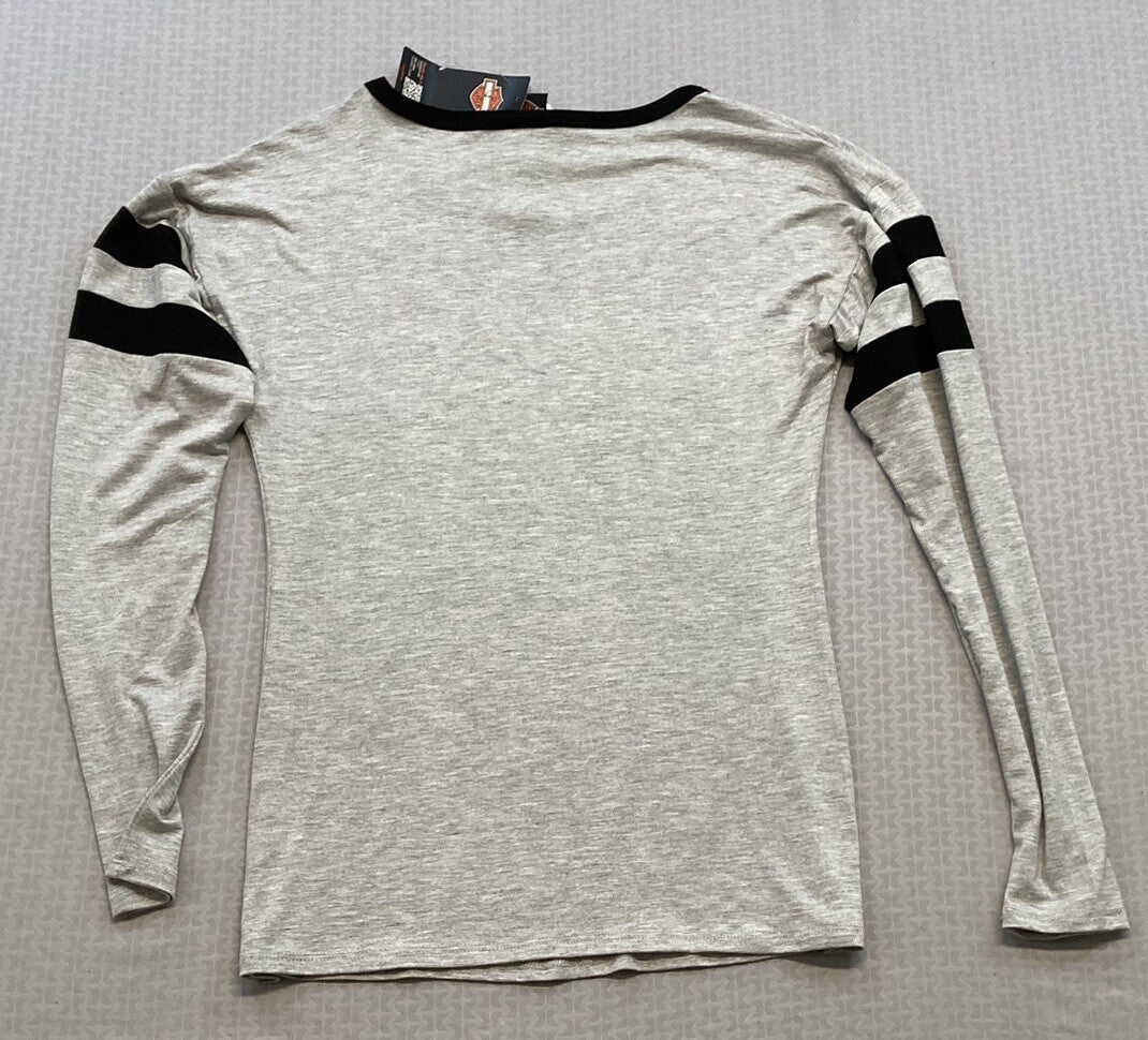 NEW HARLEY DAVIDSON HT4653BLK S Womens Eatin Dust L/S Crew Neck Gray Bling Shirt