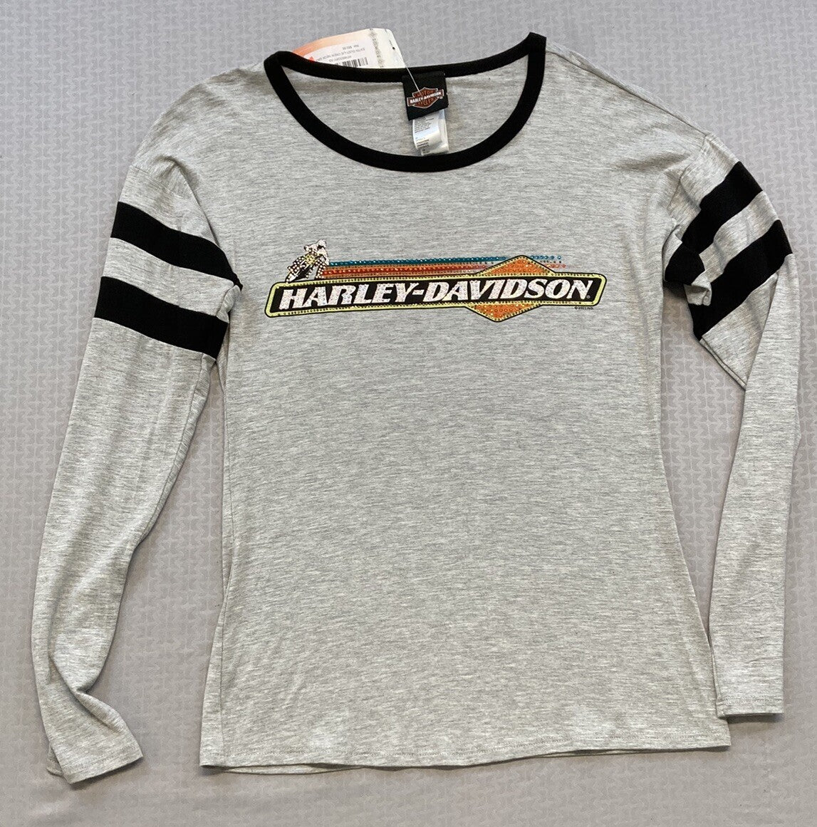 NEW HARLEY DAVIDSON HT4653BLK S Womens Eatin Dust L/S Crew Neck Gray Bling Shirt