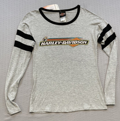 NEW HARLEY DAVIDSON HT4653BLK S Womens Eatin Dust L/S Crew Neck Gray Bling Shirt