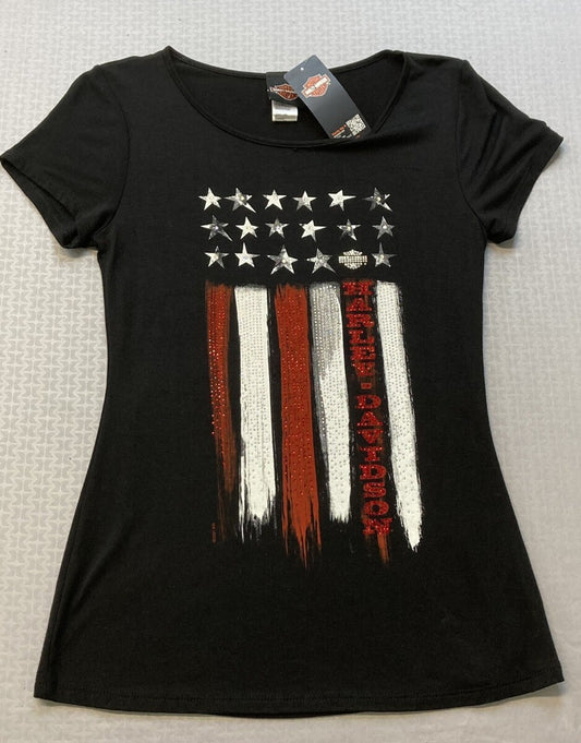 NEW HARLEY DAVIDSON HT4598BLK S Women's Freedom Embellished S/S Scoop Neck Tee