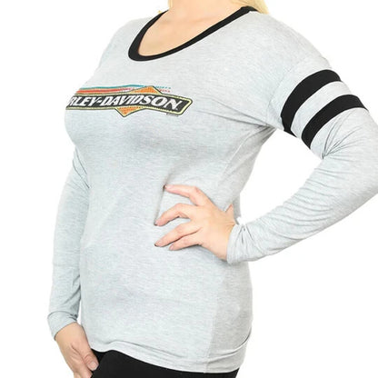 NEW HARLEY DAVIDSON HT4653BLK L Womens Eatin Dust L/S Crew Neck Gray Bling Shirt