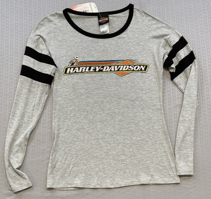 NEW HARLEY DAVIDSON HT4653BLK L Womens Eatin Dust L/S Crew Neck Gray Bling Shirt