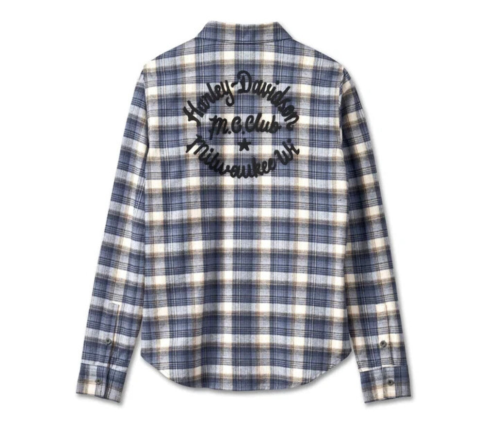 NEW GENUINE HARLEY DAVIDSON 96747-23VW M SHIRT WOVEN BLUE PLAID Retro Club Crew