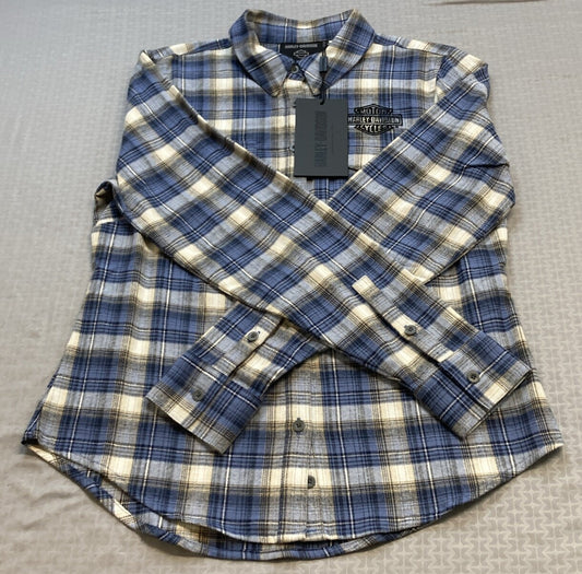 NEW GENUINE HARLEY DAVIDSON 96747-23VW M SHIRT WOVEN BLUE PLAID Retro Club Crew