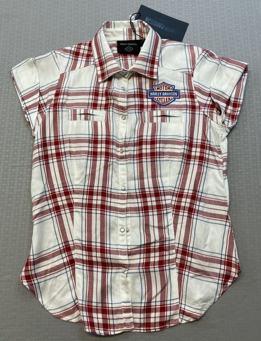 NEW HARLEY DAVIDSON 96669-22VW XS Women's Land Of Liberty Plaid Shirt - RED