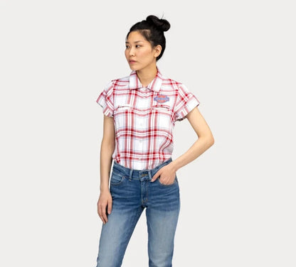 NEW HARLEY DAVIDSON 96669-22VW S Women's Land Of Liberty Plaid Shirt - RED PLAI