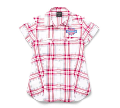 NEW HARLEY DAVIDSON 96669-22VW S Women's Land Of Liberty Plaid Shirt - RED PLAI