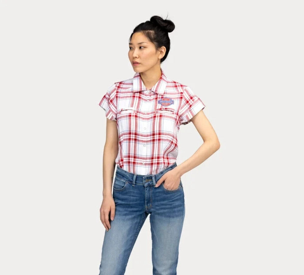 NEW HARLEY DAVIDSON 96669-22VW 1W Women's Land Of Liberty Plaid Shirt  RED