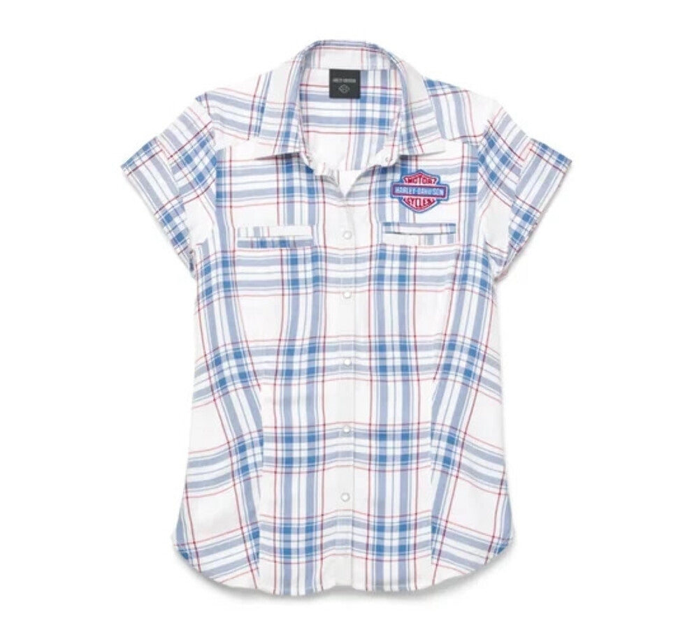 NEW HARLEY DAVIDSON 96668-22VW XS Women's Land Of Liberty Plaid Shirt  BLUE