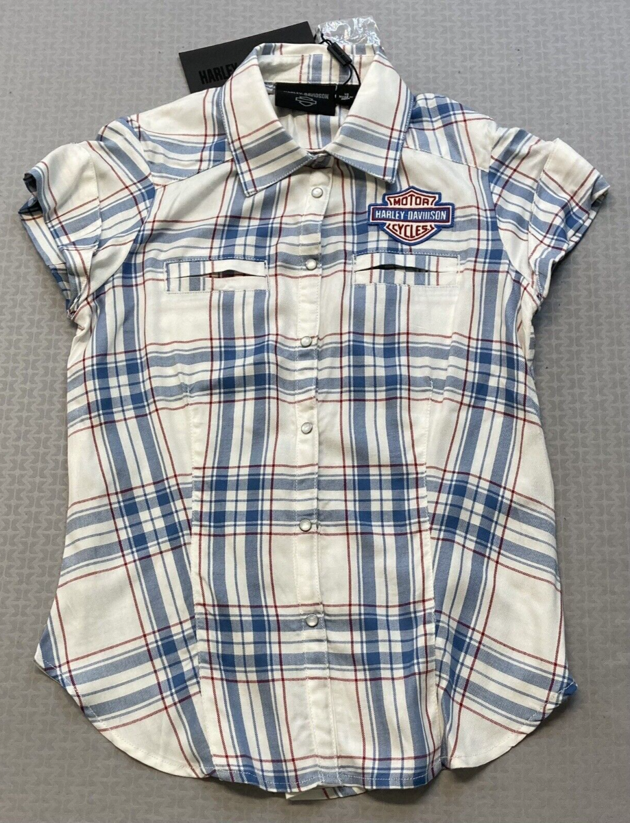 NEW HARLEY DAVIDSON 96668-22VW XS Women's Land Of Liberty Plaid Shirt  BLUE