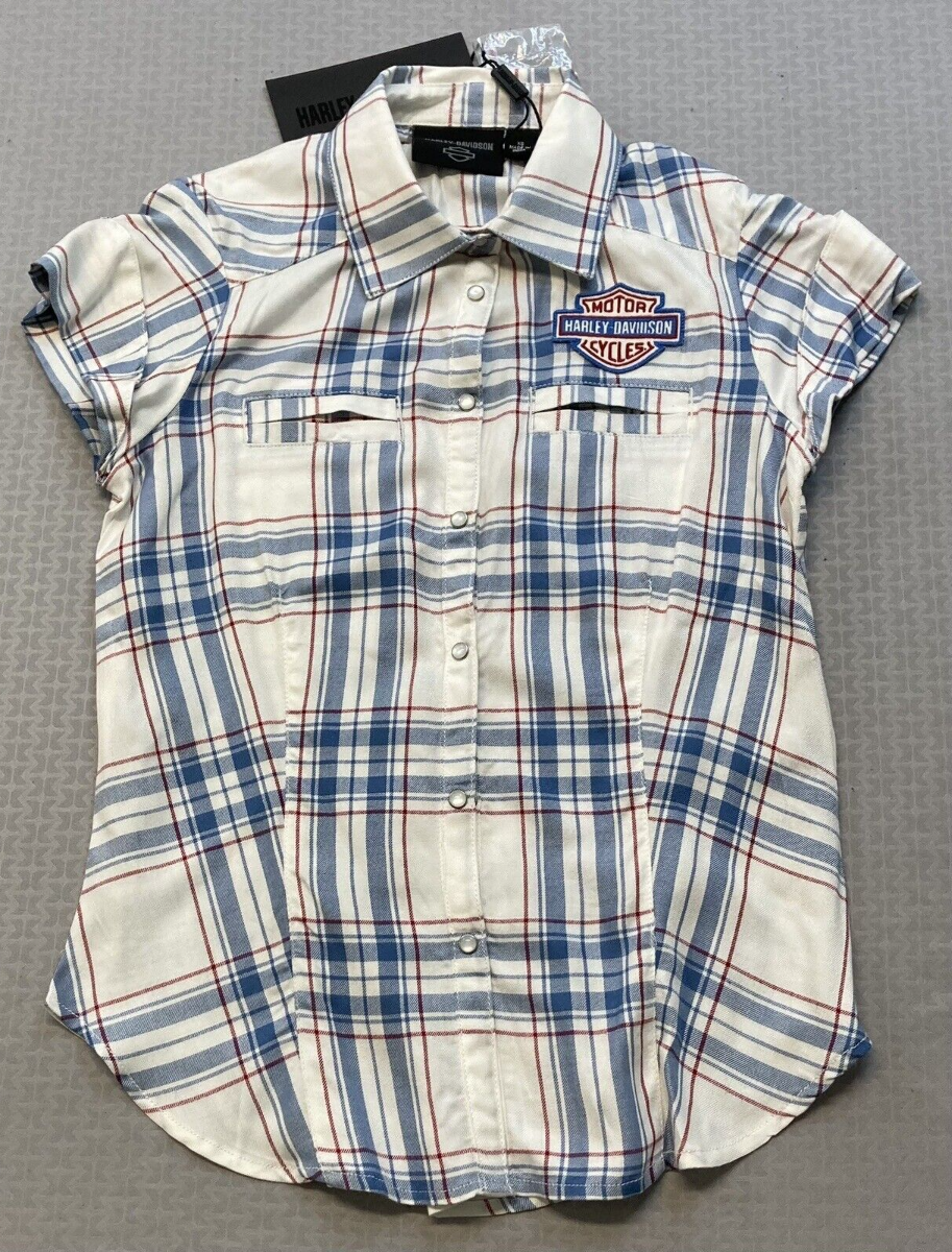 NEW HARLEY DAVIDSON 96668-22VW XL Women's Land Of Liberty Plaid Shirt  BLUE