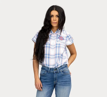 NEW HARLEY DAVIDSON 96668-22VW XL Women's Land Of Liberty Plaid Shirt  BLUE