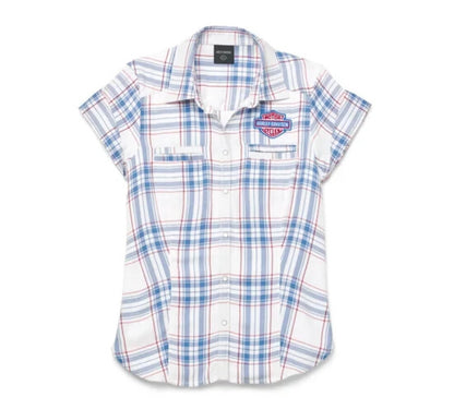 NEW HARLEY DAVIDSON 96668-22VW 2W Women's Land Of Liberty Plaid Shirt  BLUE