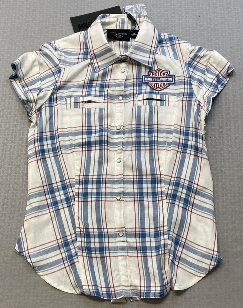 NEW HARLEY DAVIDSON 96668-22VW 2W Women's Land Of Liberty Plaid Shirt  BLUE