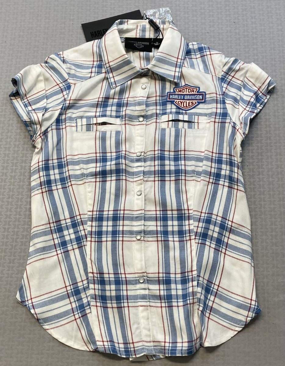 NEW HARLEY DAVIDSON 96668-22VW 3W Women's Land Of Liberty Plaid Shirt  BLUE