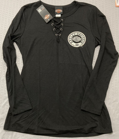 NEW HARLEY DAVIDSON HT4667BLK Women's Embellished Laced V-Neck L/S Top XS
