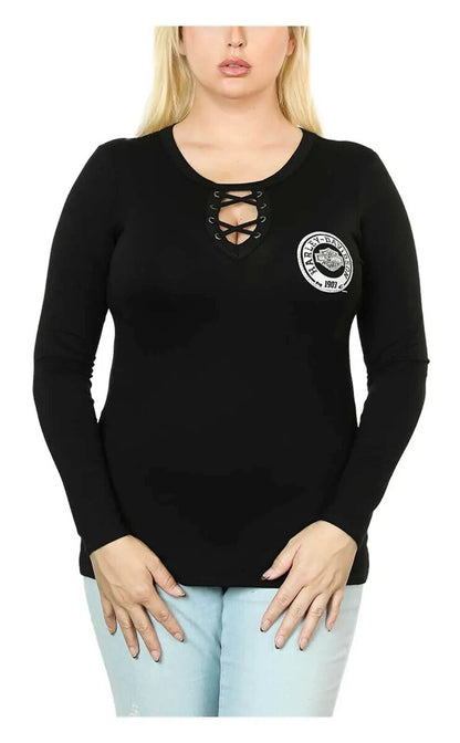 NEW HARLEY DAVIDSON HT4667BLK Women's Embellished Laced V-Neck L/S Top MD