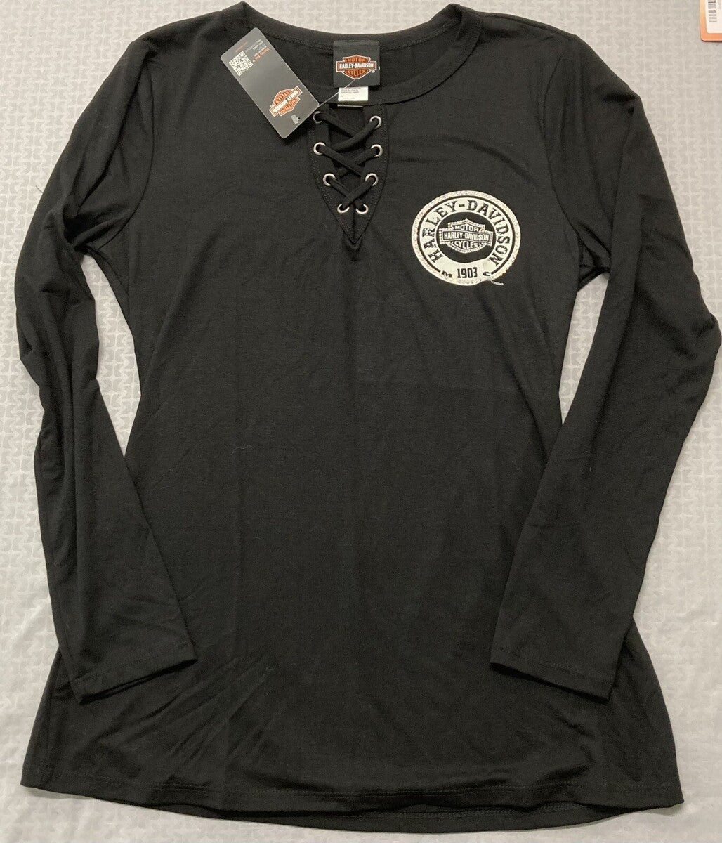 NEW HARLEY DAVIDSON HT4667BLK Women's Embellished Laced V-Neck L/S Top LG