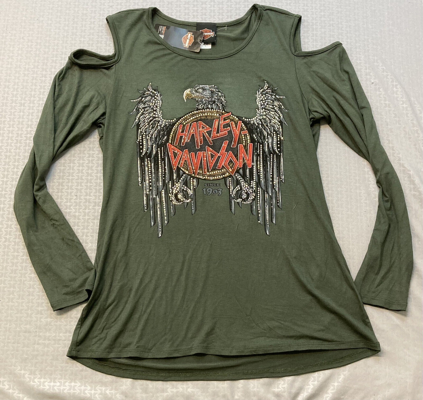 NEW HARLEY DAVIDSON HT4693OLG WOMEN'S 2XL HOUR OF REPRISAL L/S OLIVE GREEN