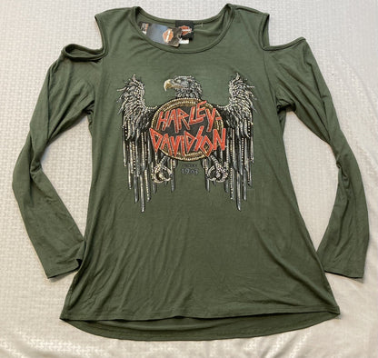 NEW HARLEY DAVIDSON HT4693OLG WOMEN'S 2XL HOUR OF REPRISAL L/S OLIVE GREEN