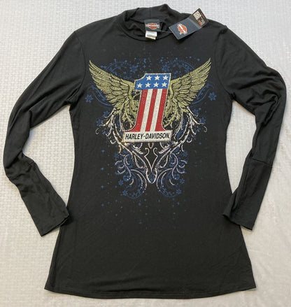 NEW HARLEY DAVIDSON HT4643 Women's MED ONE FALL Embellished #1 Black TOP
