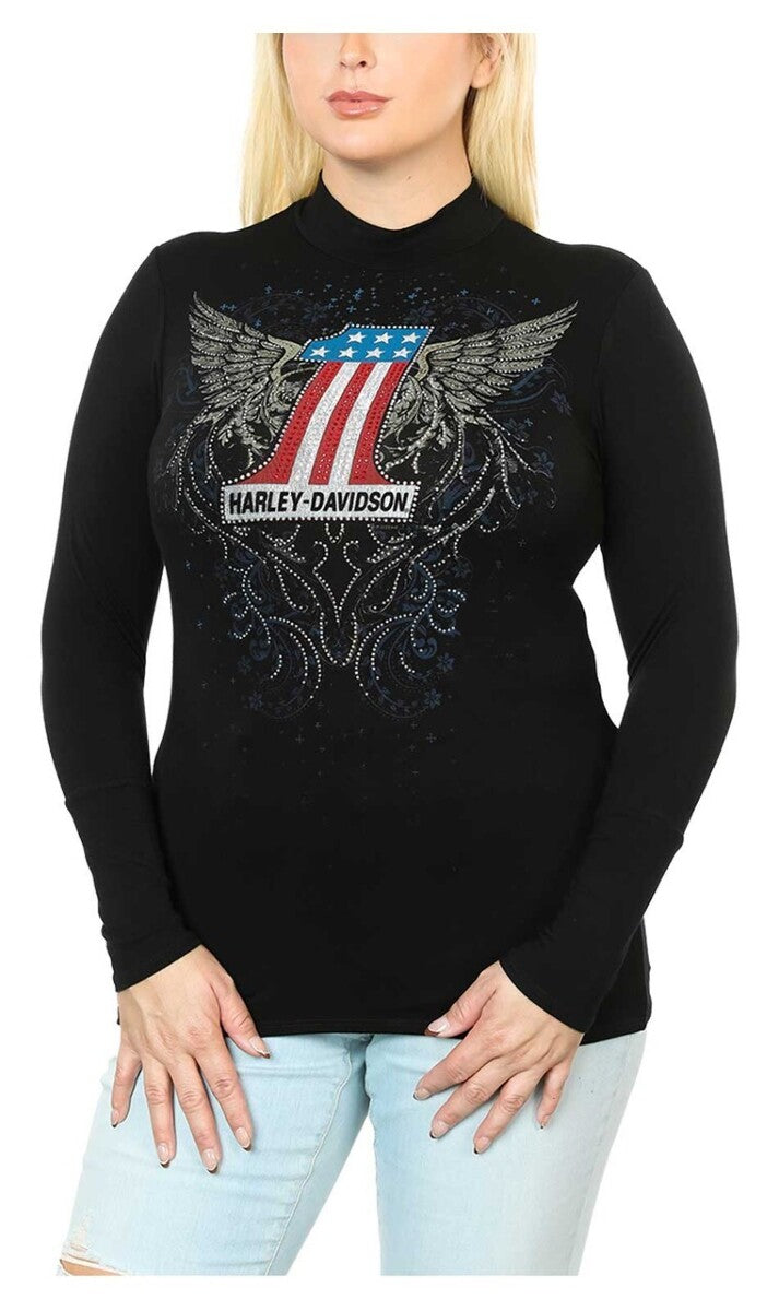 NEW HARLEY DAVIDSON HT4643 Women's  1XL ONE FALL Embellished #1 Black TOP