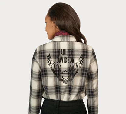 NEW HARLEY DAVIDSON 96478-23VW Women's SMALL WOVEN BLACK PLAID RETRO WINGED
