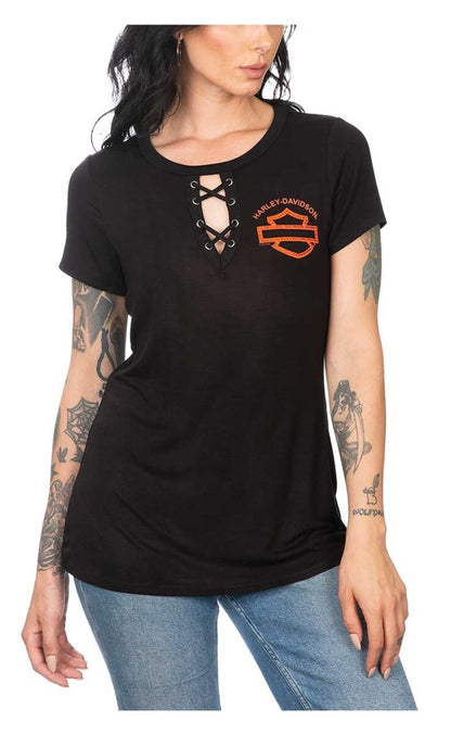 NEW HARLEY DAVIDSON HT4626BLK L Women's Embellished Short Sleeve Crew-Neck