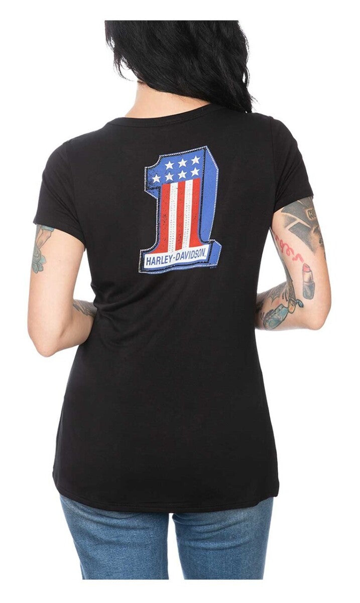 NEW HARLEY DAVIDSON HT4626BLK L Women's Embellished Short Sleeve Crew-Neck