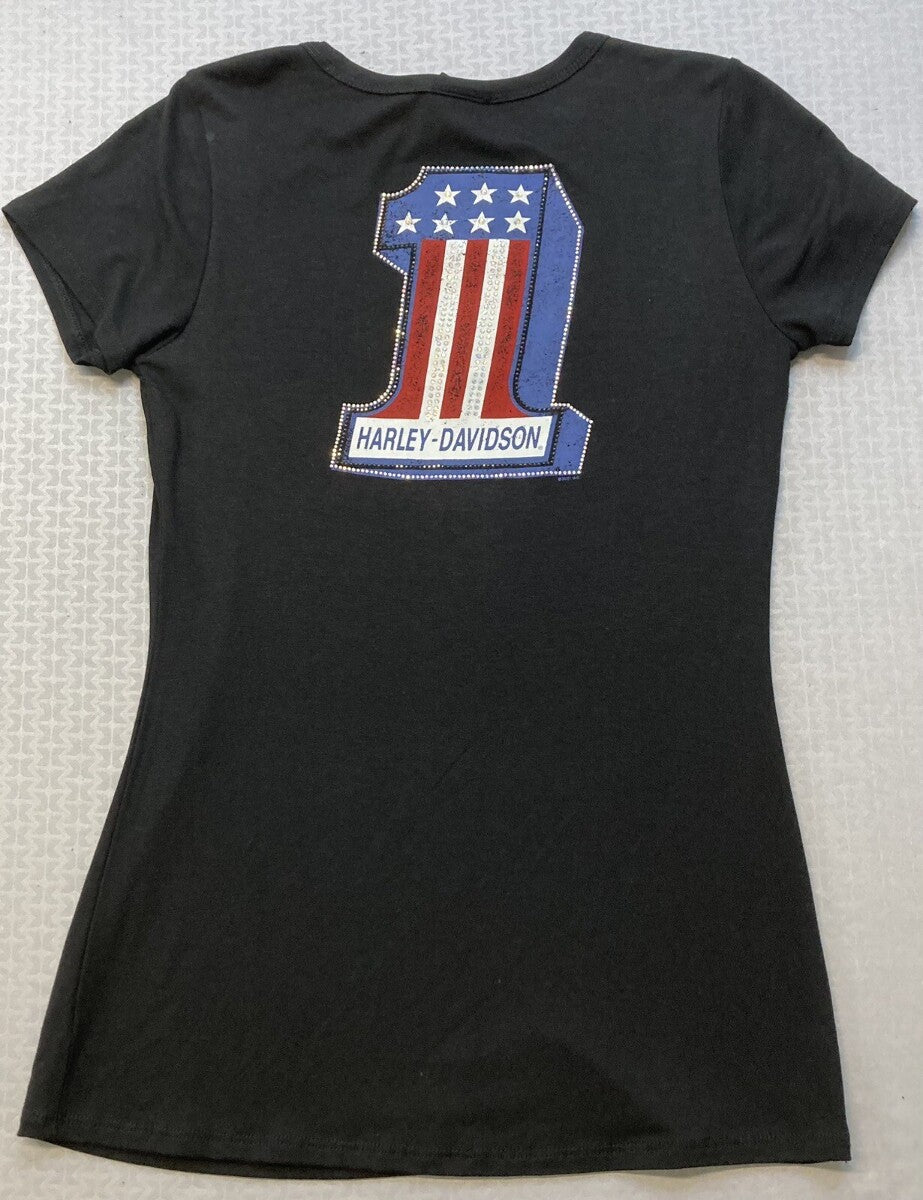 NEW HARLEY DAVIDSON HT4626BLK L Women's Embellished Short Sleeve Crew-Neck