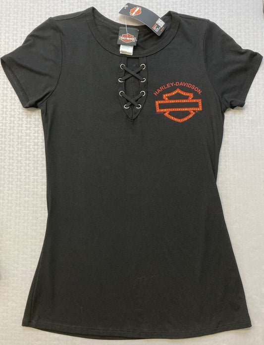 NEW HARLEY DAVIDSON HT4626BLK L Women's Embellished Short Sleeve Crew-Neck