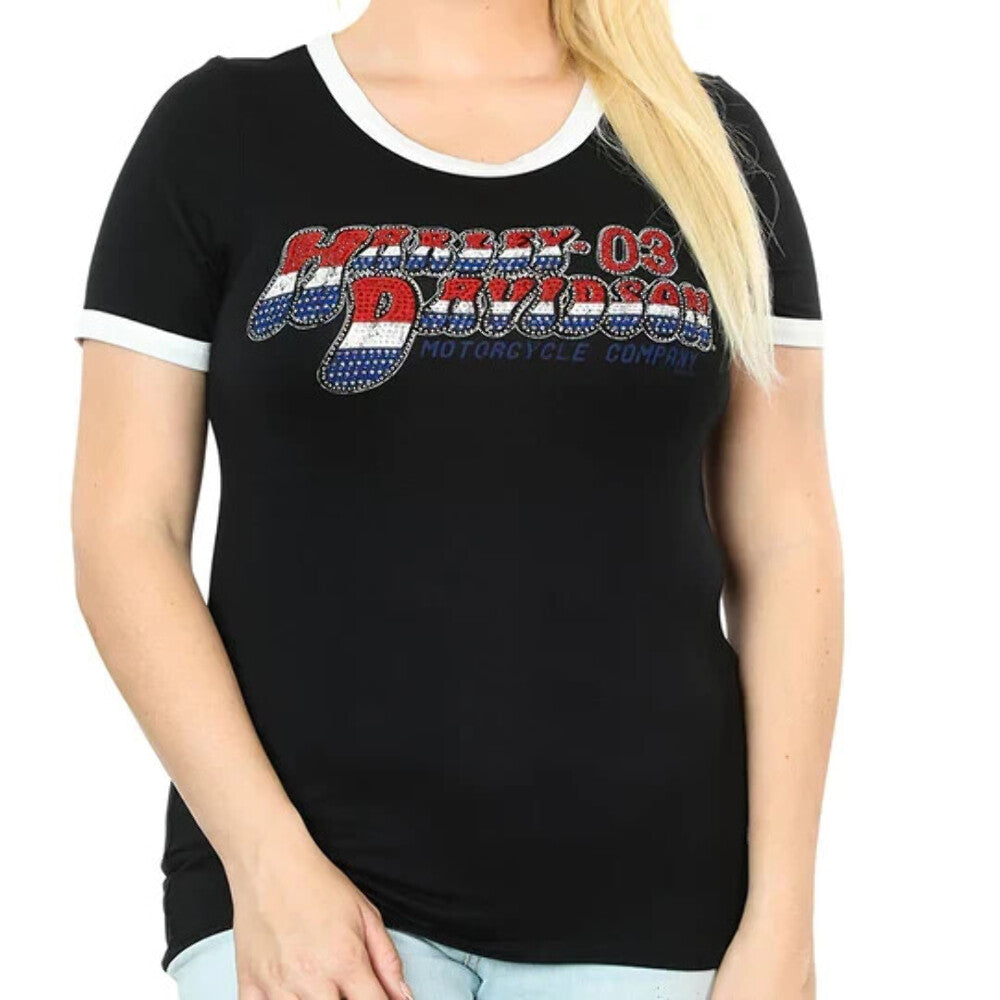 NEW HARLEY DAVIDSON HT4654BLK WOMEN'S BOHO GLORY S/S CREW NECK TOP XS