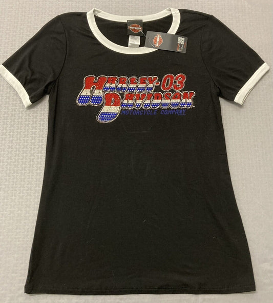 NEW HARLEY DAVIDSON HT4654BLK WOMEN'S BOHO GLORY S/S CREW NECK TOP S