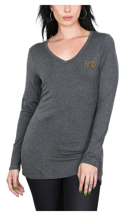 NEW HARLEY DAVIDSON HT4739GRY Women's Harley Proud Long Sleeve V-Neck Shirt L