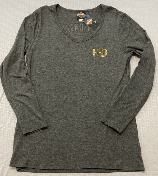 NEW HARLEY DAVIDSON HT4739GRY Women's Harley Proud Long Sleeve V-Neck Shirt L