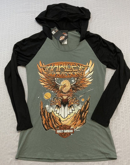 NEW GENUINE HARLEY DAVIDSON HT4726OLG MED Eagle Has Landed Hooded L/S Shirt