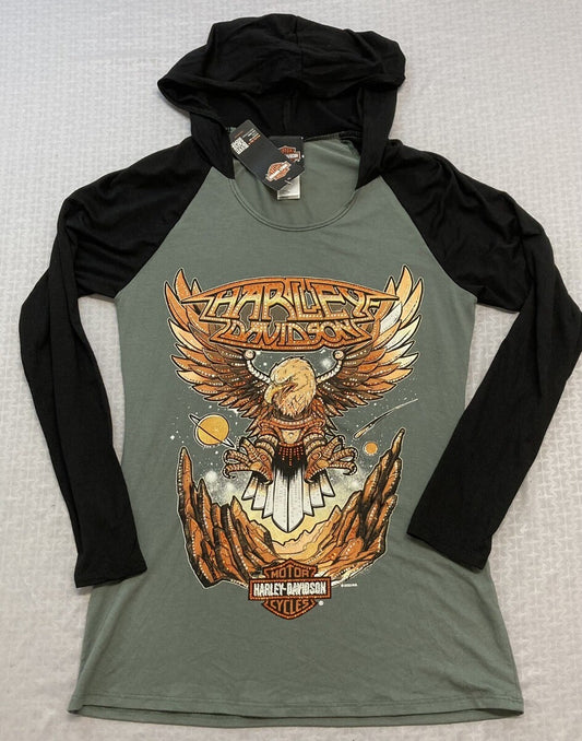 NEW GENUINE HARLEY DAVIDSON HT4726OLG MED Eagle Has Landed Hooded L/S Shirt