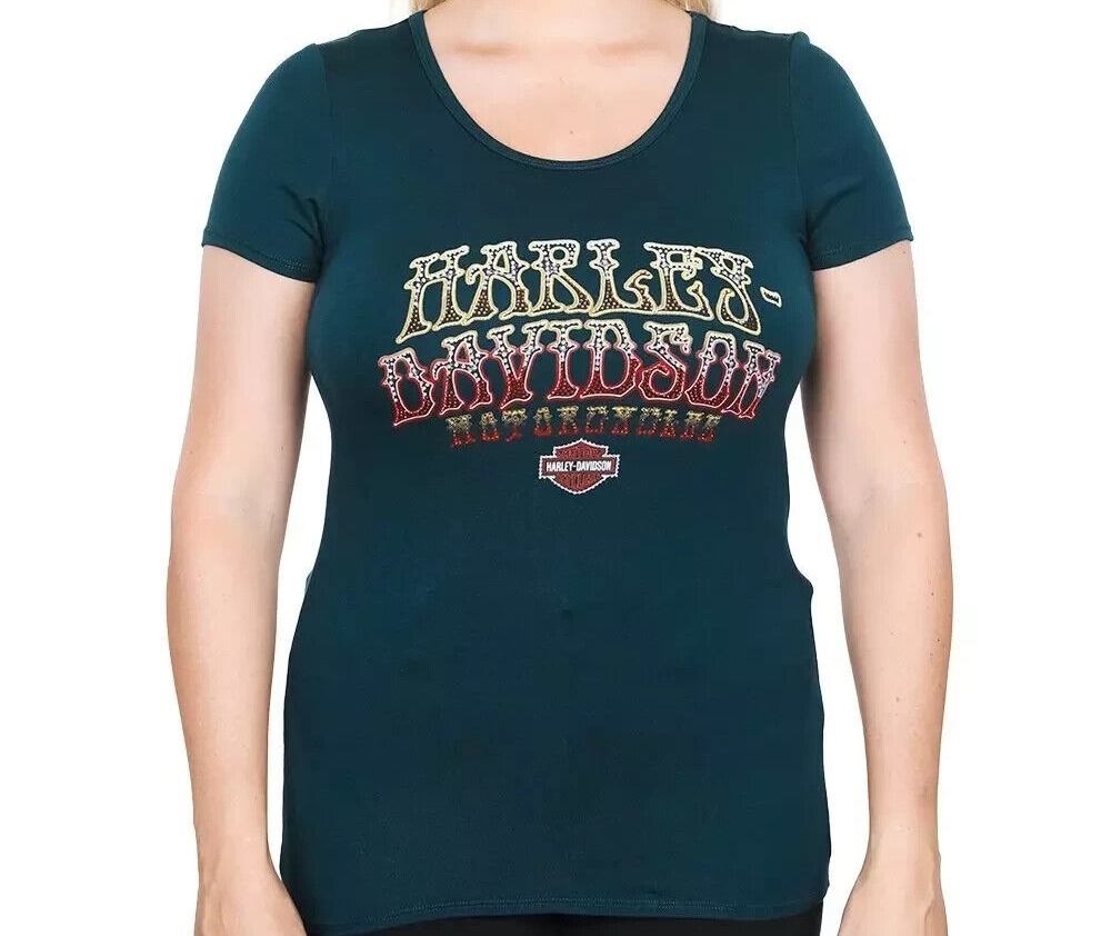 NEW GENUINE HARLEY DAVIDSON HT4707EME Women's XS VOODOO ROLLIN S/S TOP EMERALD