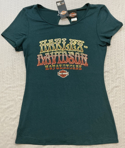 NEW GENUINE HARLEY DAVIDSON HT4707EME Women's XS VOODOO ROLLIN S/S TOP EMERALD