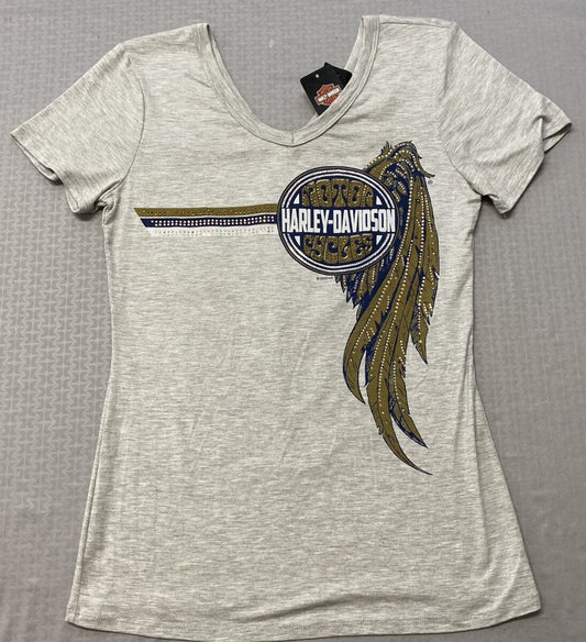 NEW GENUINE HARLEY DAVIDSON HT4685GRY Women's Golden Wing V-Neck Tee SMALL