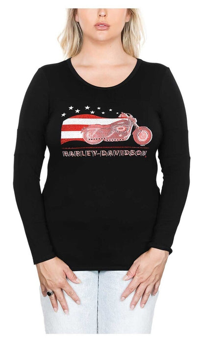 NEW HARLEY DAVIDSON HT4736BLK Women's Ride w/ Stars & Stripes L/S Black Top XL